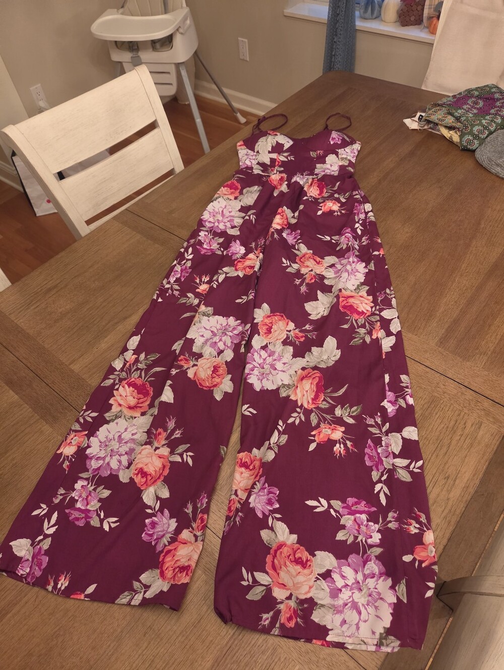 Band of Gypsies Floral Wide-Leg Jumpsuit in Deep Plum with Pink & Coral Blooms S